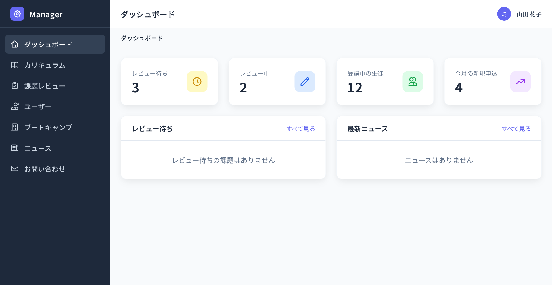 管理者画面:受講中の社員数、課題レビューの状況(表示はイメージ)